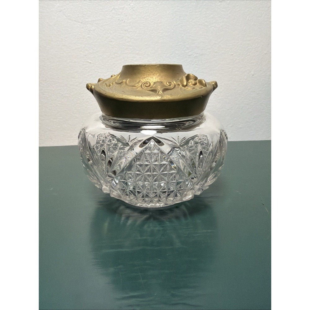 Art‎ Nouveau Crystal Hair Receiver w/ Brass Tone Ornate Lid Edwardian Vintage